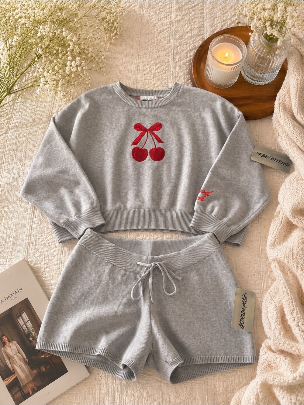 Urban Weekend Gray Cherry Knit 2-Piece Set NWT 🍒